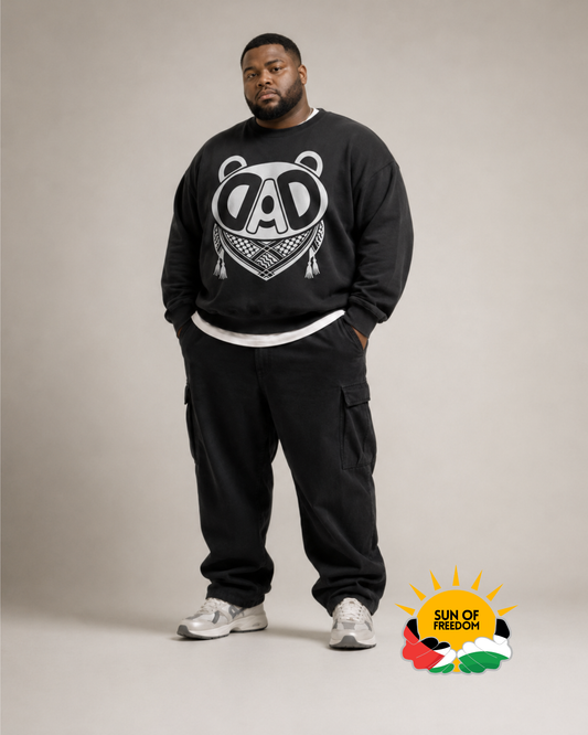 Model wearing BABA BEAR Palestine oversized sweatshirt by Warrior Ink Apparel