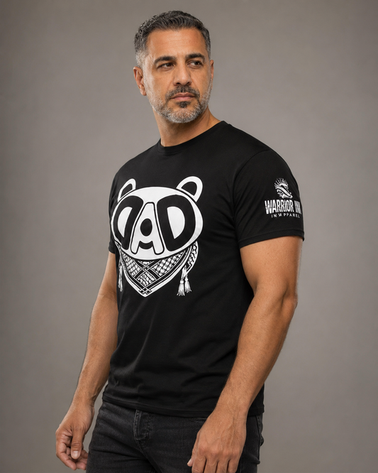 Model wearing BABA BEAR Palestine graphic tee from the Mo Hamz Collection