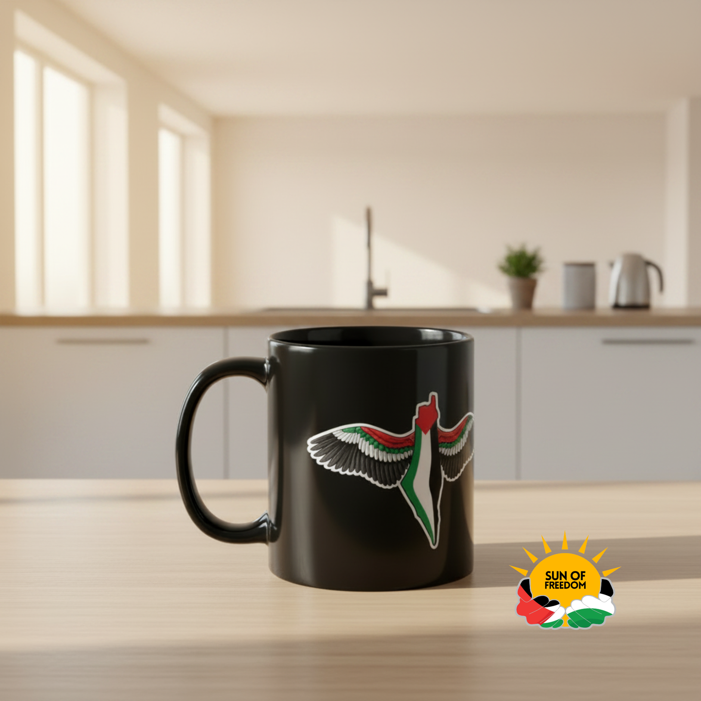 FREEDOM WINGS Palestine mug styled on kitchen counter with coffee