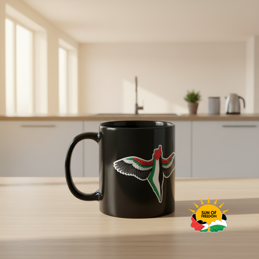 FREEDOM WINGS Palestine mug styled on kitchen counter with coffee