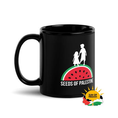 SEEDS OF PALESTINE black ceramic mug by Warrior Ink