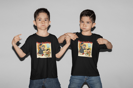 twin models wearing black t-shirt with cartoon Arab mother chasing son with slipper – The ShibShib design by Warrior Ink