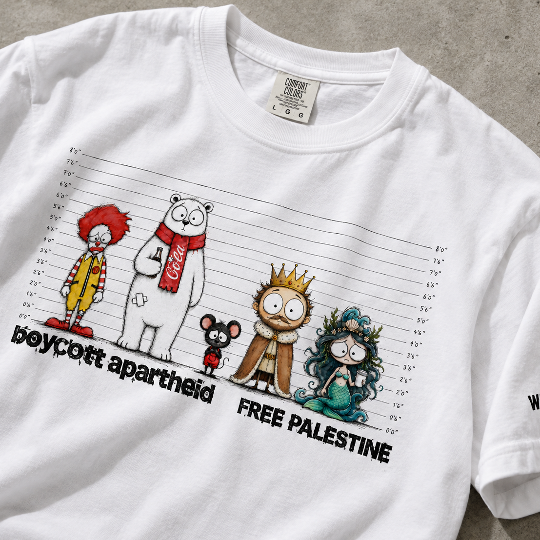 Palestinian solidarity tee featuring satirical lineup-style graphic