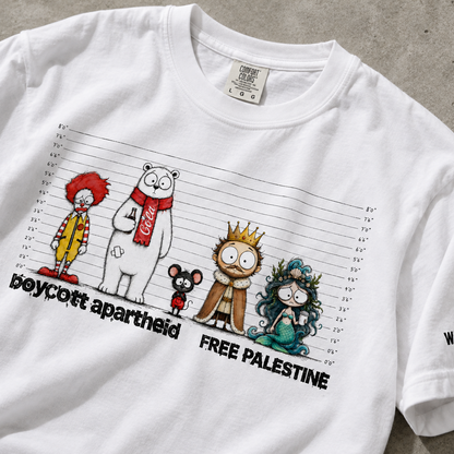 Palestinian solidarity tee featuring satirical lineup-style graphic