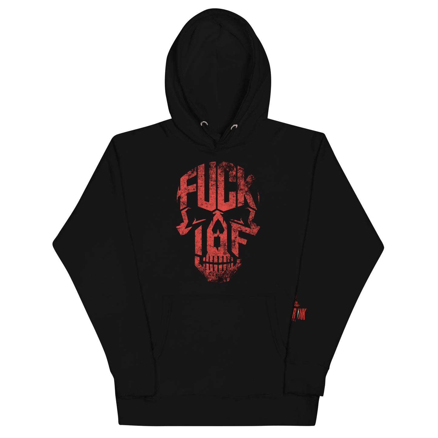 Black hoodie with red distressed F*** the IOF skull design by Warrior Ink Apparel