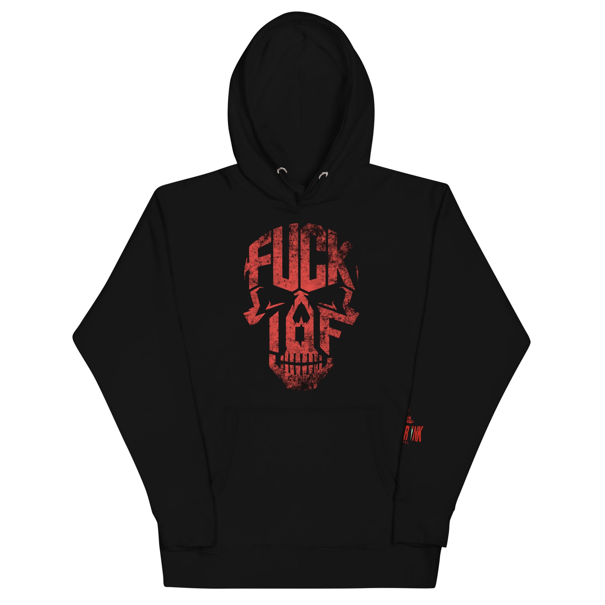 Black hoodie with red distressed F*** the IOF skull design by Warrior Ink Apparel