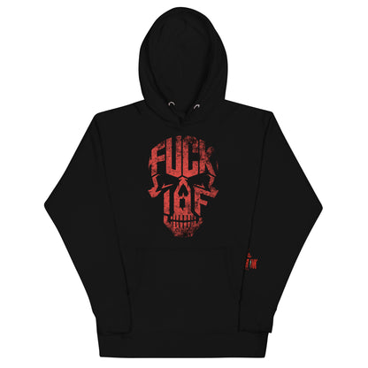 Black hoodie with red distressed F*** the IOF skull design by Warrior Ink Apparel
