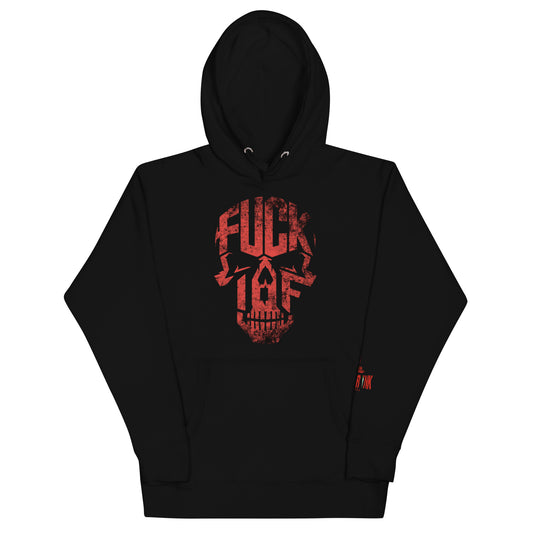 Black hoodie with red distressed F*** the IOF skull design by Warrior Ink Apparel