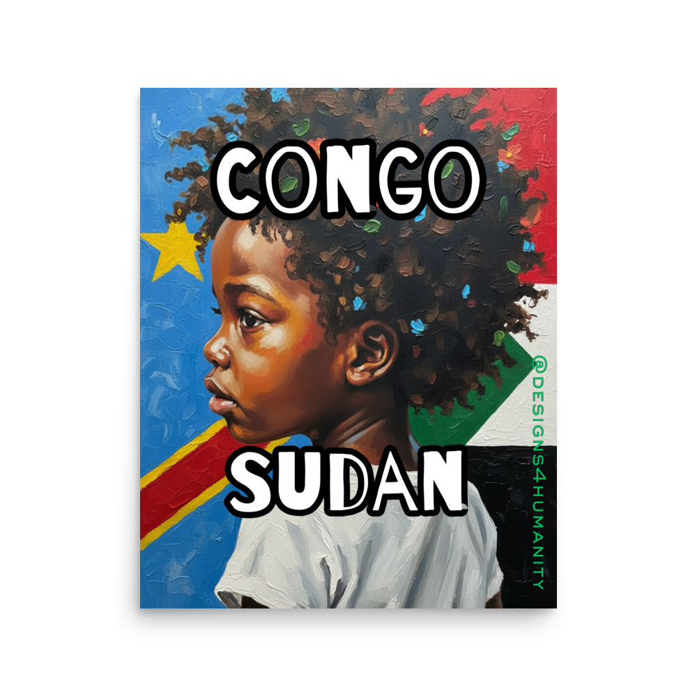 Congo Sudan solidarity poster featuring a child portrait with Democratic Republic of Congo and Sudan colors by Designs 4 Humanity