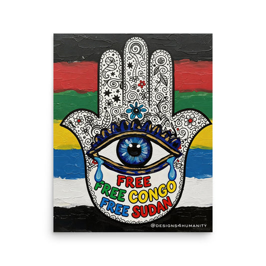 Congo and Sudan solidarity poster featuring symbolic eye and hamsa artwork
