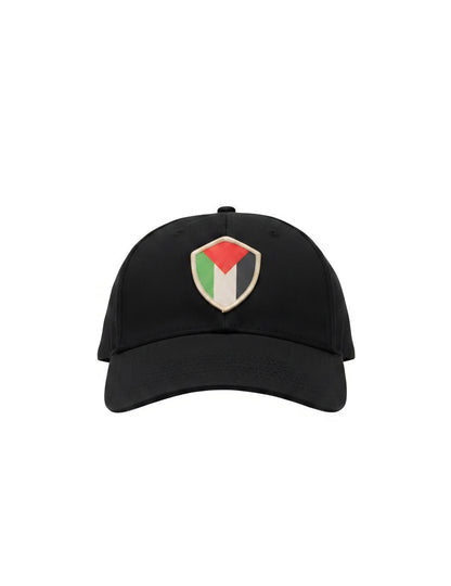 Palestine hat black cap with Palestine shield patch worn by model Warrior Ink Apparel