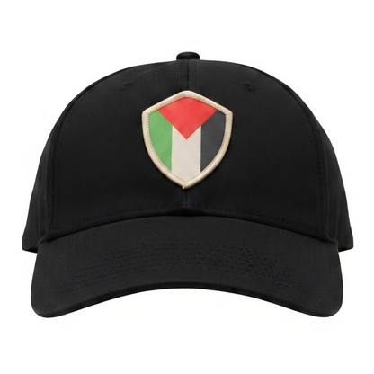 Palestine hat black cap with Palestine shield patch worn by model Warrior Ink Apparel