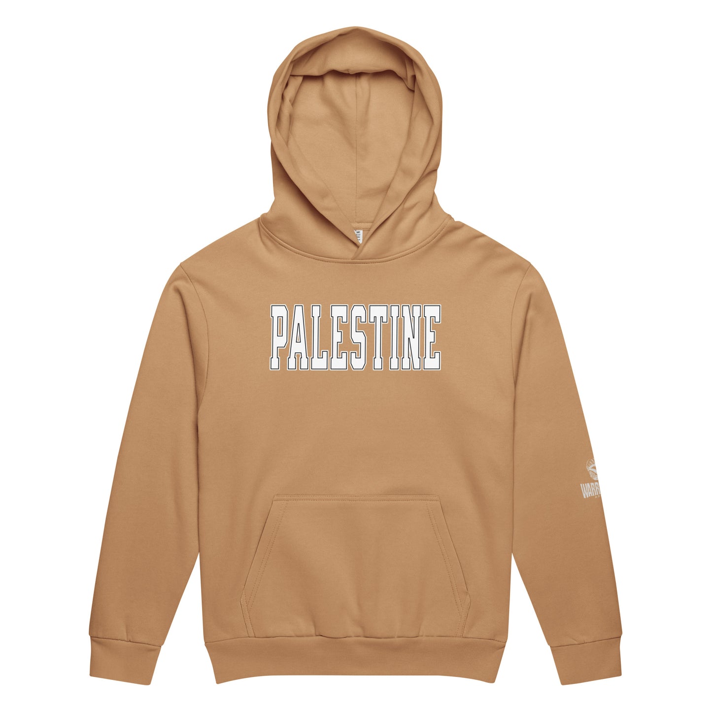 Heavyweight oversized hoodie with bold varsity-style PALESTINE text by Warrior Ink Apparel