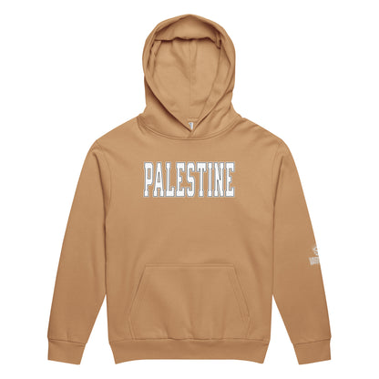 Heavyweight oversized hoodie with bold varsity-style PALESTINE text by Warrior Ink Apparel
