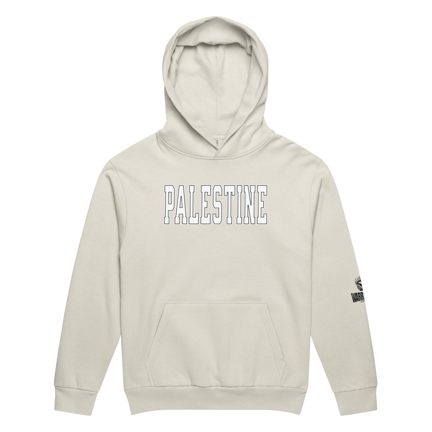 Heavyweight oversized hoodie with bold varsity-style PALESTINE text by Warrior Ink Apparel