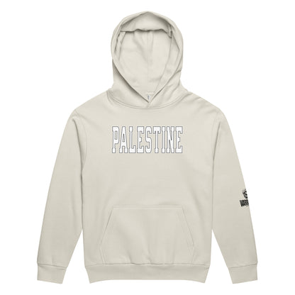 Heavyweight oversized hoodie with bold varsity-style PALESTINE text by Warrior Ink Apparel