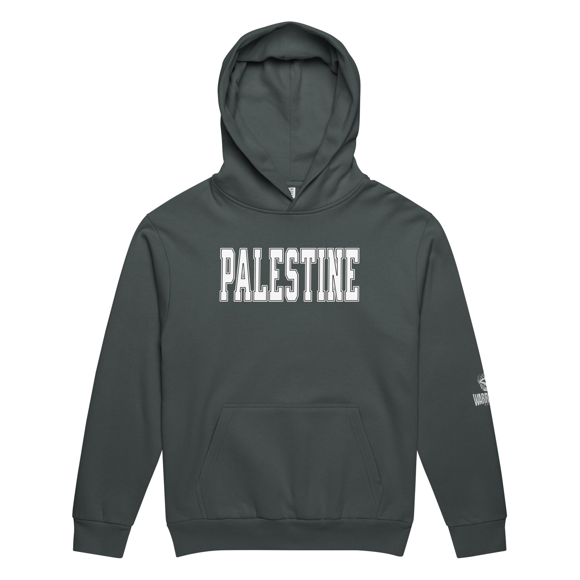Heavyweight oversized hoodie with bold varsity-style PALESTINE text by Warrior Ink Apparel