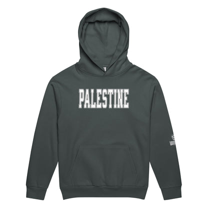Heavyweight oversized hoodie with bold varsity-style PALESTINE text by Warrior Ink Apparel