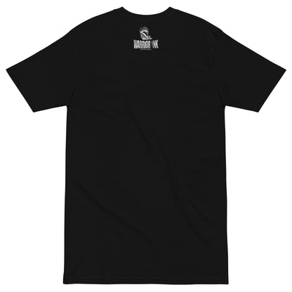 Black t-shirt featuring keffiyeh-wrapped face with “Palestine” text and Warrior Ink Apparel branding on the back.