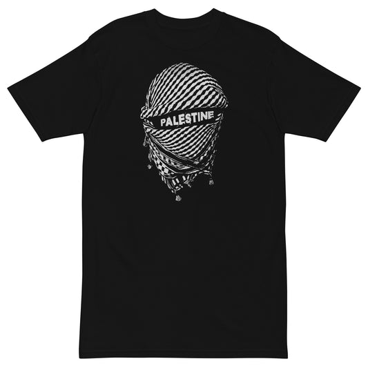 Black t-shirt featuring keffiyeh-wrapped face with “Palestine” text and Warrior Ink Apparel branding on the back.
