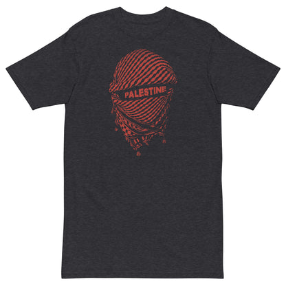 Grey t-shirt featuring keffiyeh-wrapped face with “Palestine” text and Warrior Ink Apparel branding on the back.