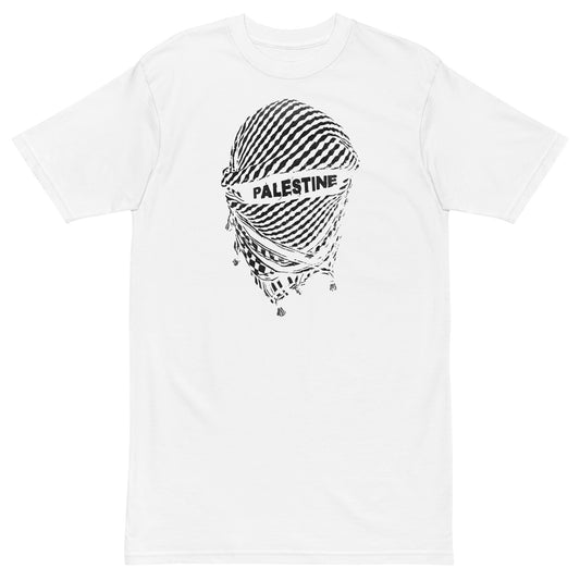 White t-shirt featuring keffiyeh-wrapped face with “Palestine” text and Warrior Ink Apparel branding on the back.