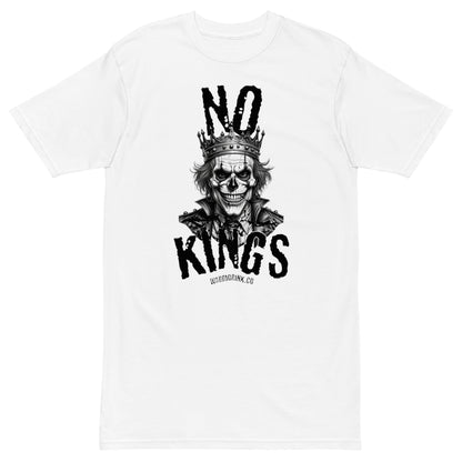 White NO KINGS t-shirt with skull king illustration and bold lettering