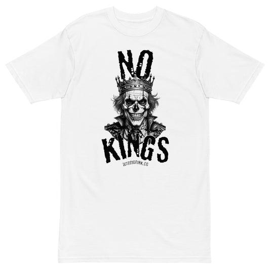 White NO KINGS t-shirt with skull king illustration and bold lettering