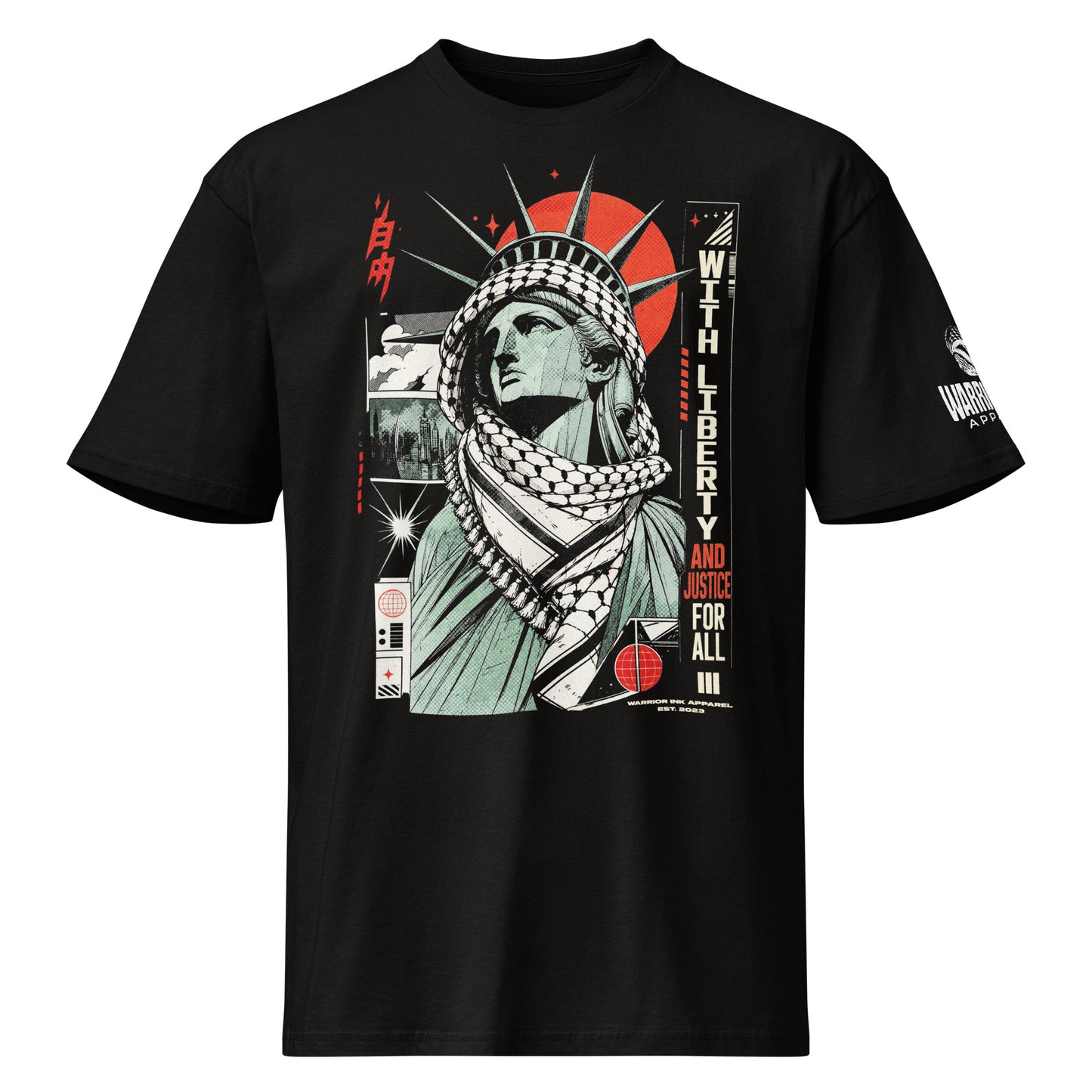 Front view of WITH LIBERTY AND JUSTICE FOR ALL Palestine graphic tee with keffiyeh statue artwork