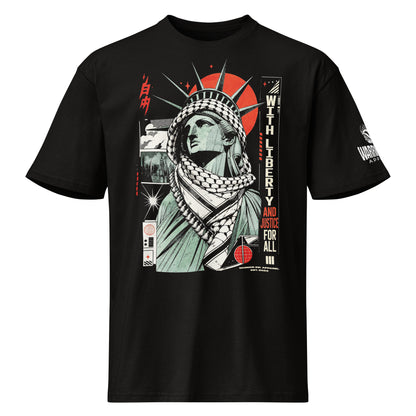 Front view of WITH LIBERTY AND JUSTICE FOR ALL Palestine graphic tee with keffiyeh statue artwork