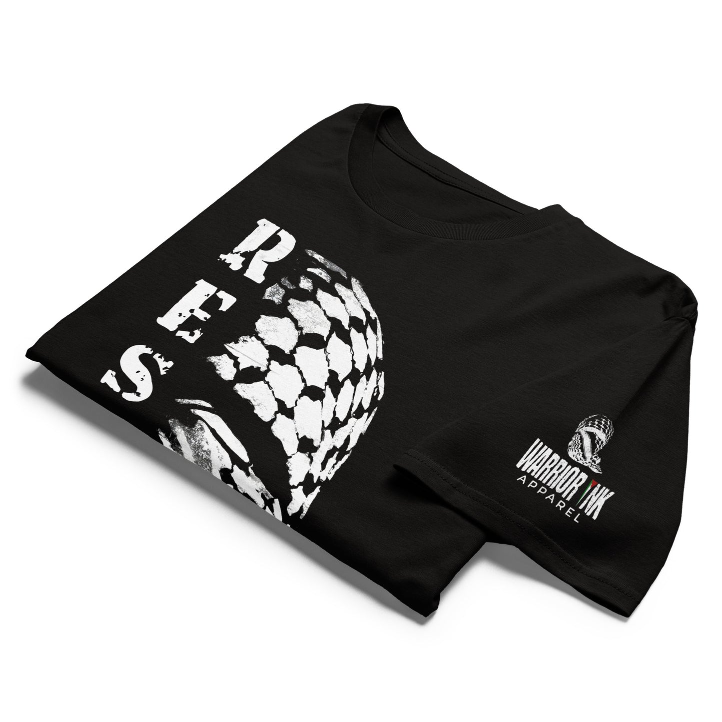 Folded RESIST Palestine graphic tee with Warrior Ink Apparel sleeve logo