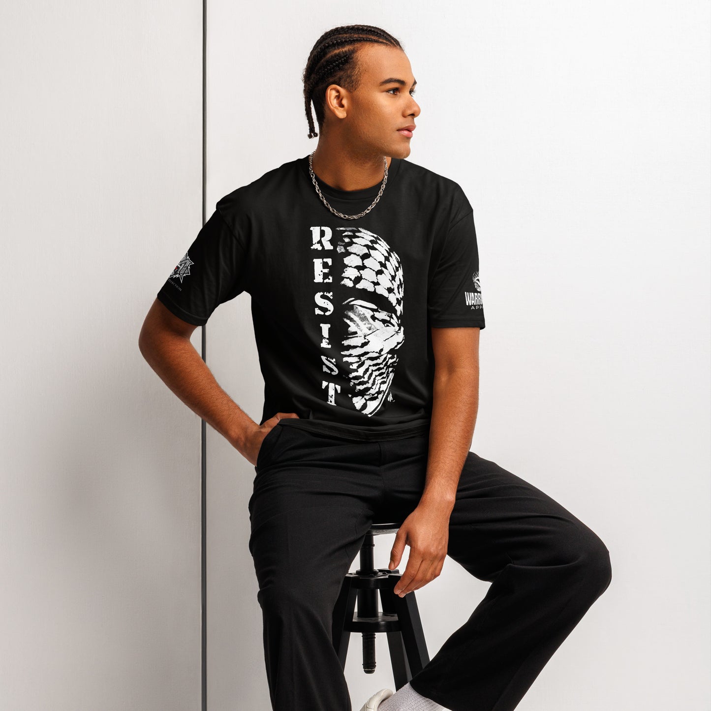 Model wearing RESIST Palestine graphic tee from the Mo Hamz Collection