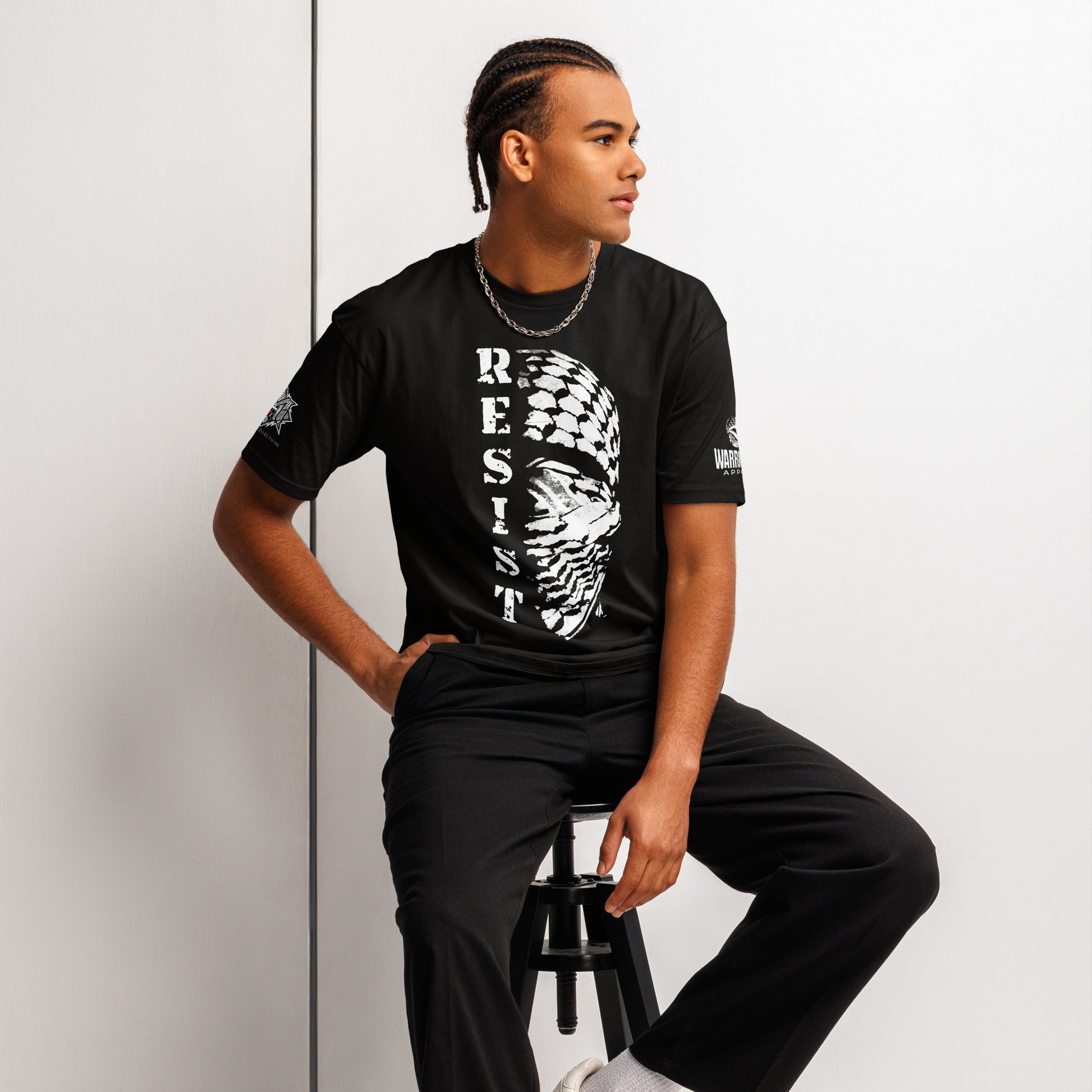 Model wearing RESIST Palestine graphic tee from the Mo Hamz Collection
