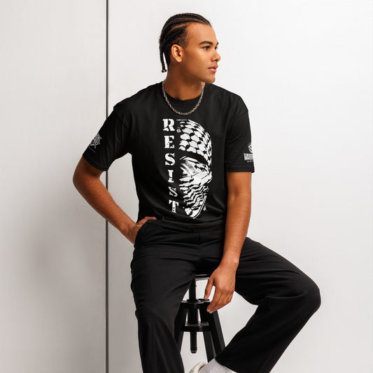Model wearing RESIST Palestine graphic tee from the Mo Hamz Collection