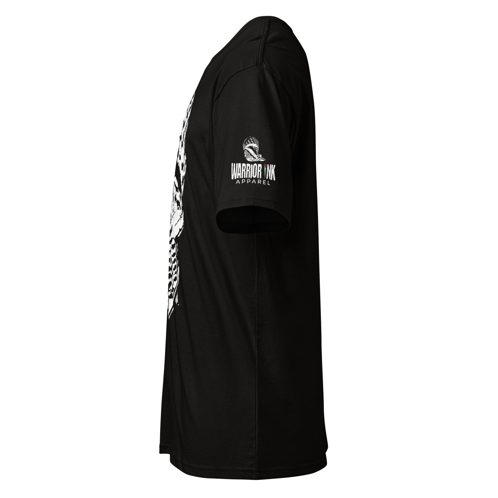 Side view of RESIST Palestine tee with sleeve branding