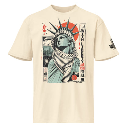 Front view of WITH LIBERTY AND JUSTICE FOR ALL Palestine graphic tee with keffiyeh statue artwork