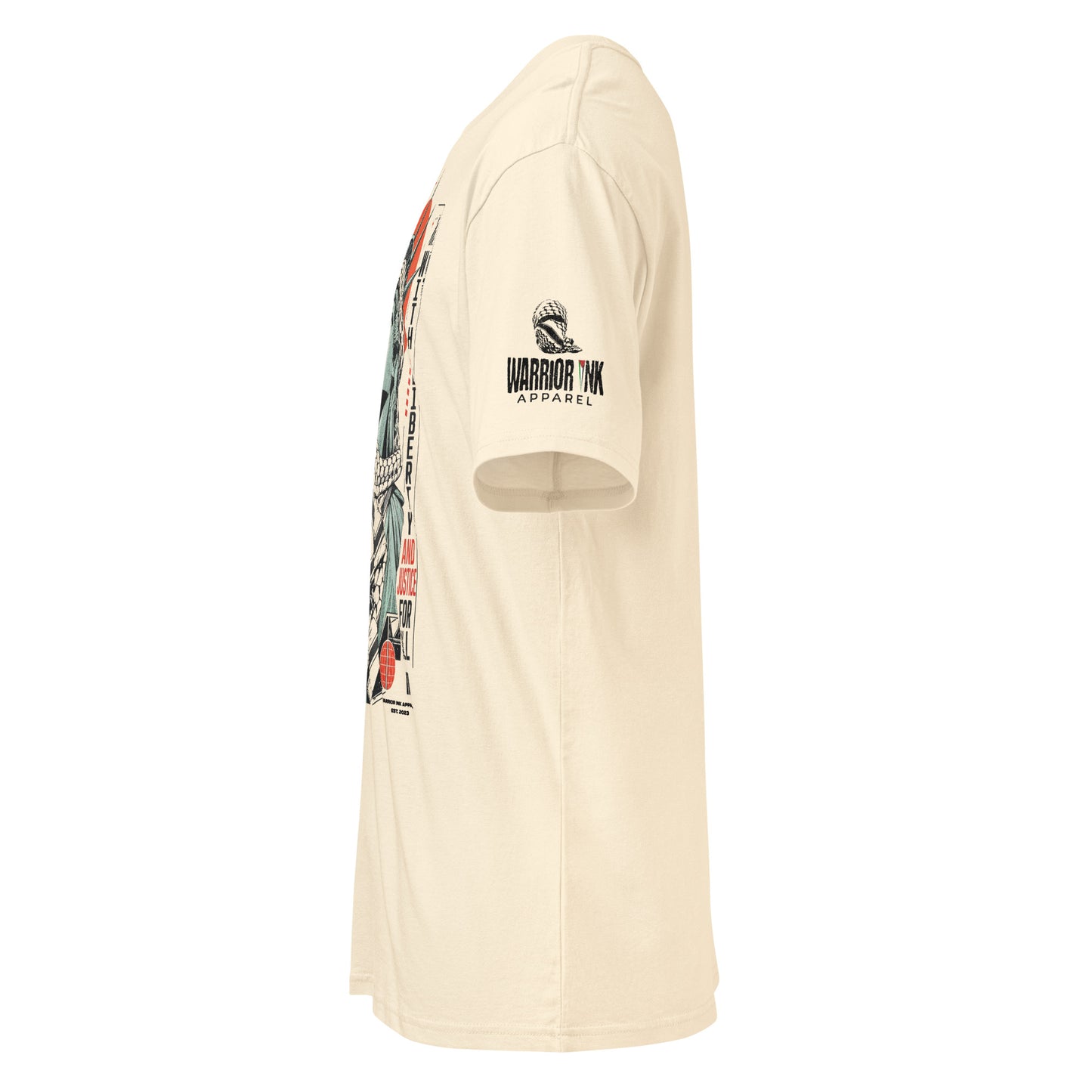 Front view of WITH LIBERTY AND JUSTICE FOR ALL Palestine graphic tee with keffiyeh statue artwork