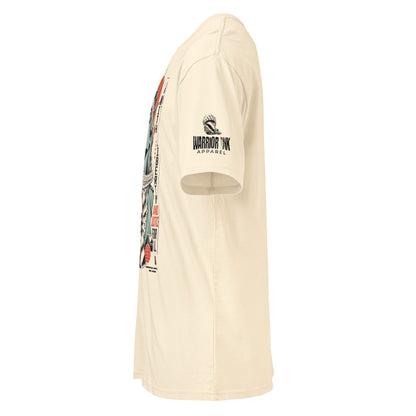 Front view of WITH LIBERTY AND JUSTICE FOR ALL Palestine graphic tee with keffiyeh statue artwork