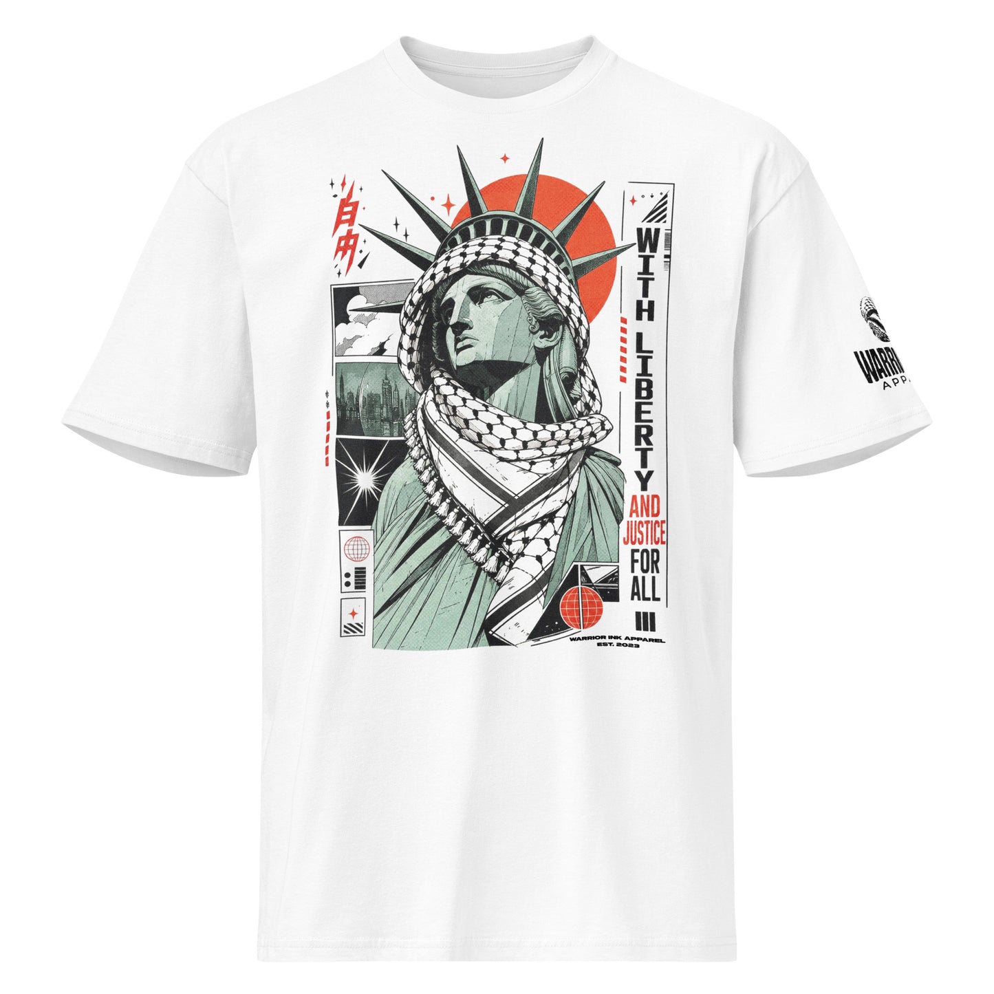 Front view of WITH LIBERTY AND JUSTICE FOR ALL Palestine graphic tee with keffiyeh statue artwork