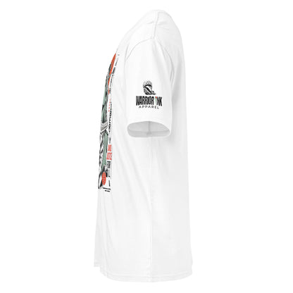 Front view of WITH LIBERTY AND JUSTICE FOR ALL Palestine graphic tee with keffiyeh statue artwork