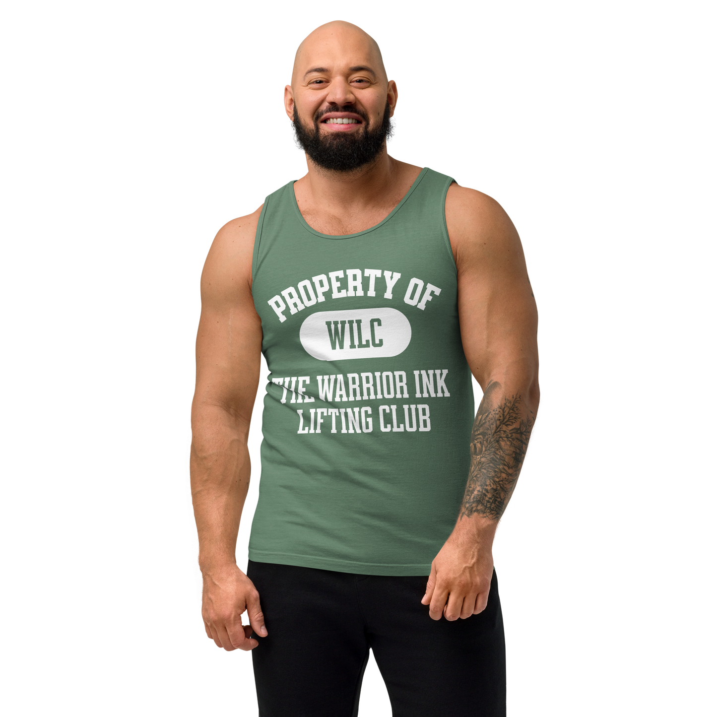 Man wearing a Green gym tank top with Warrior Ink lifting club graphic design