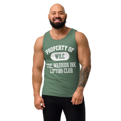 Man wearing a Green gym tank top with Warrior Ink lifting club graphic design