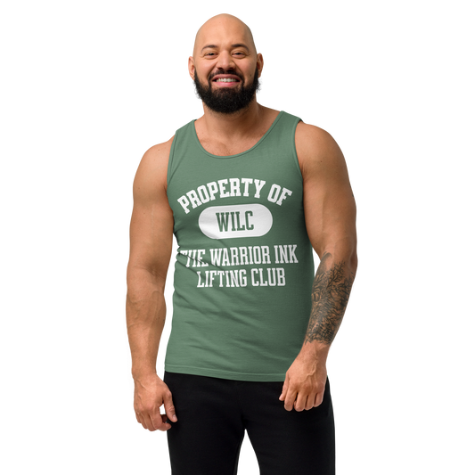 Man wearing a Green gym tank top with Warrior Ink lifting club graphic design