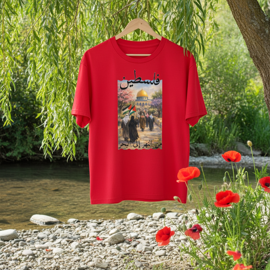 Red t-shirt with a graphic design on a hanger against a natural background with flowers and water.