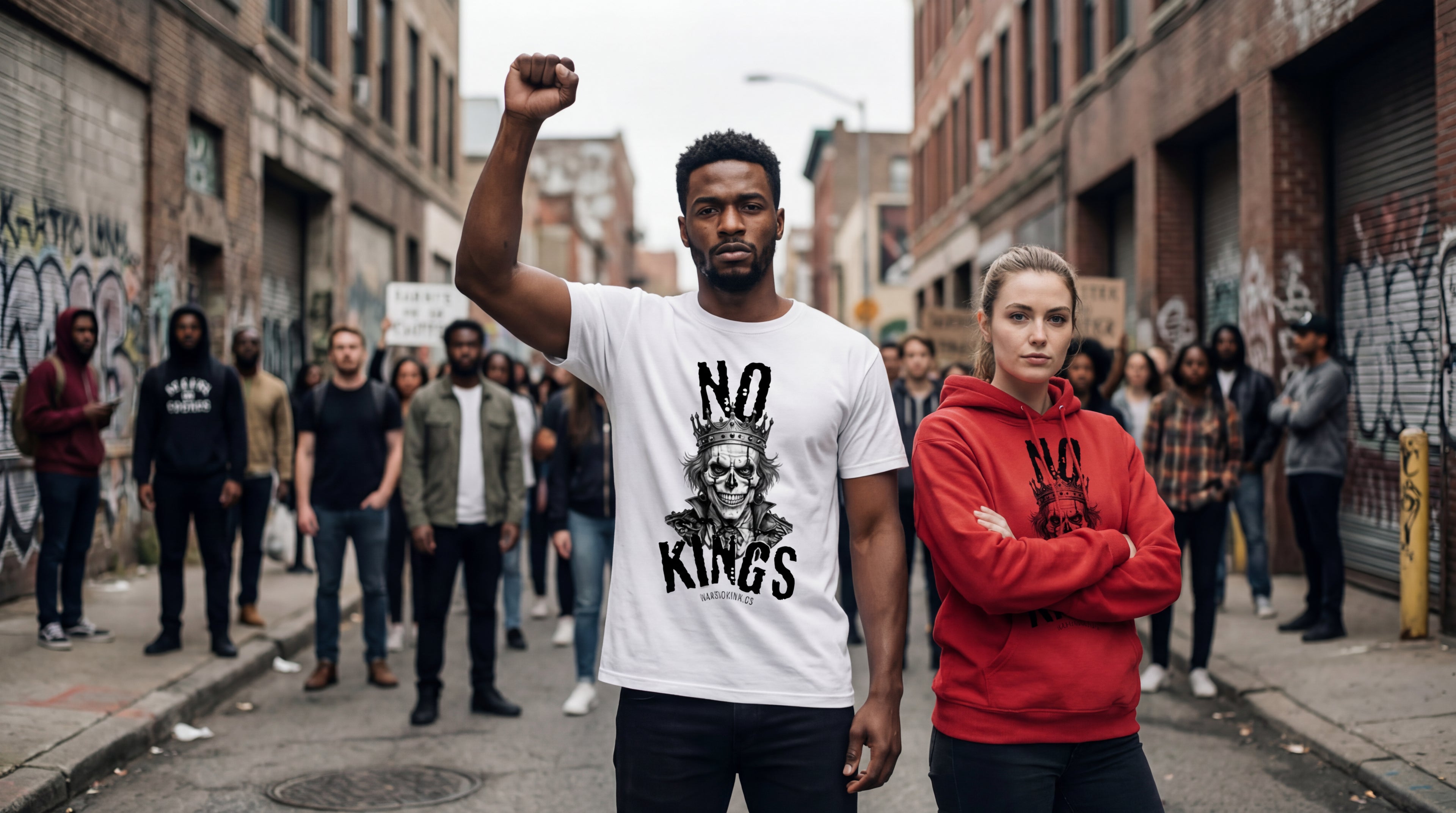 Man raising a fist and woman with arms crossed in a protest scene with 'No Kings' t-shirt and hoodie.