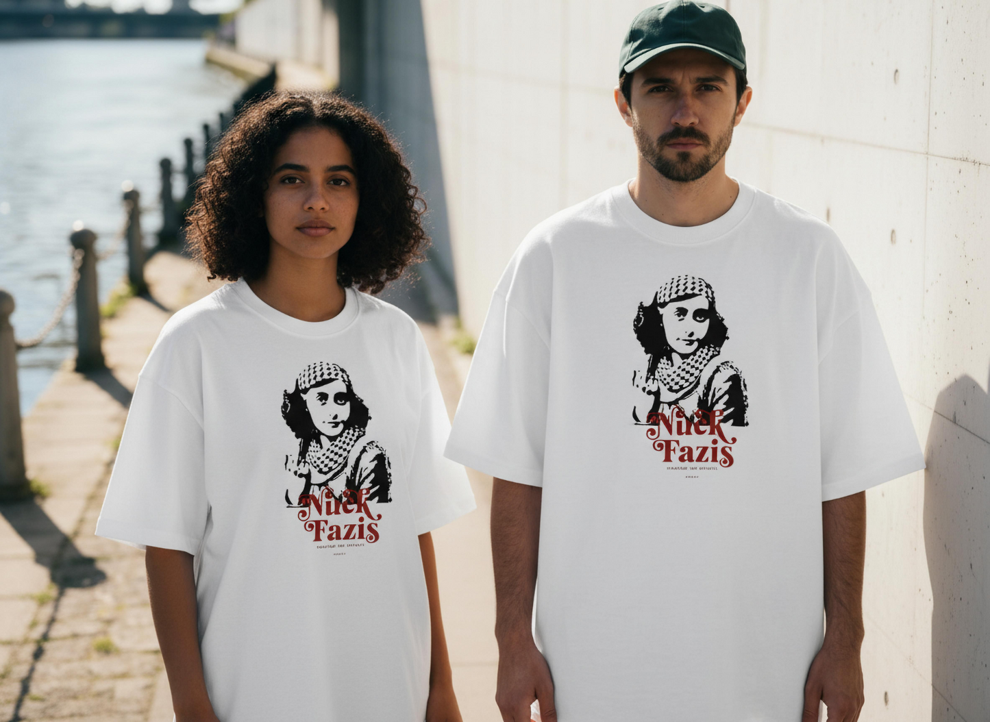 Two people wearing white t-shirts with Nuck Fazis anti fascist protest streetwear t shirt in black by Warrior Ink Apparel