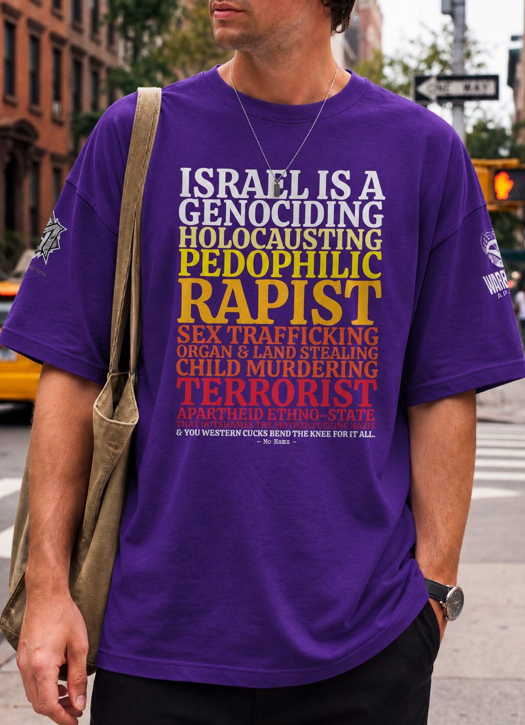 Black GENOCIDING ETHNO-STATE Palestine protest graphic tee from the Mo Hamz Collection