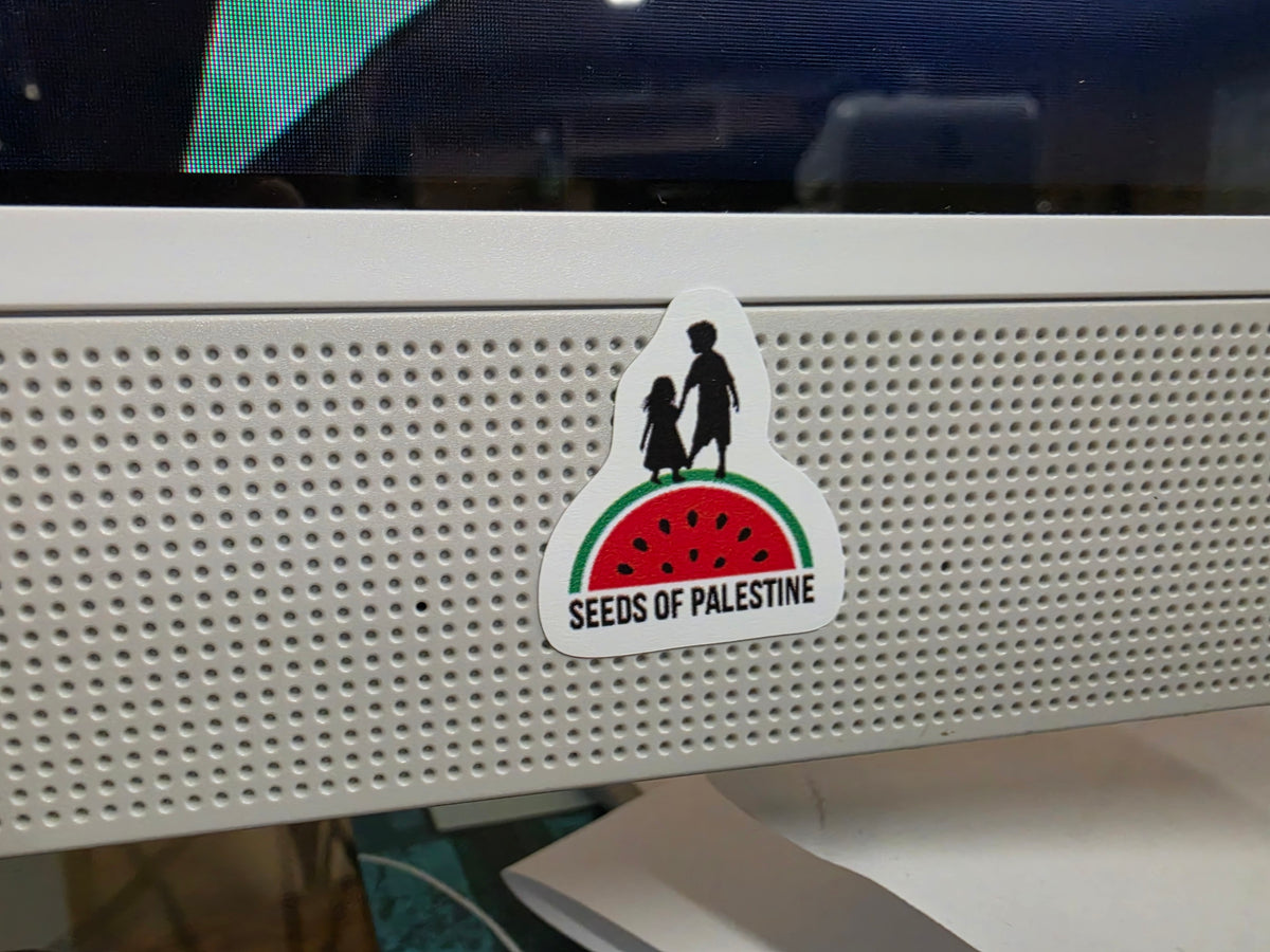 Palestine watermelon sticker featuring children and Seeds of Palestine text