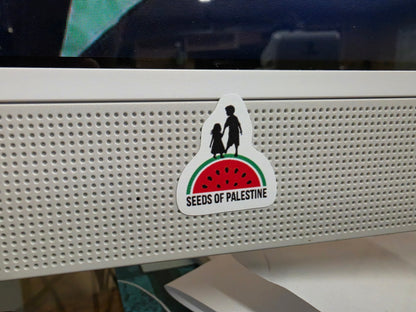 Palestine watermelon sticker featuring children and Seeds of Palestine text