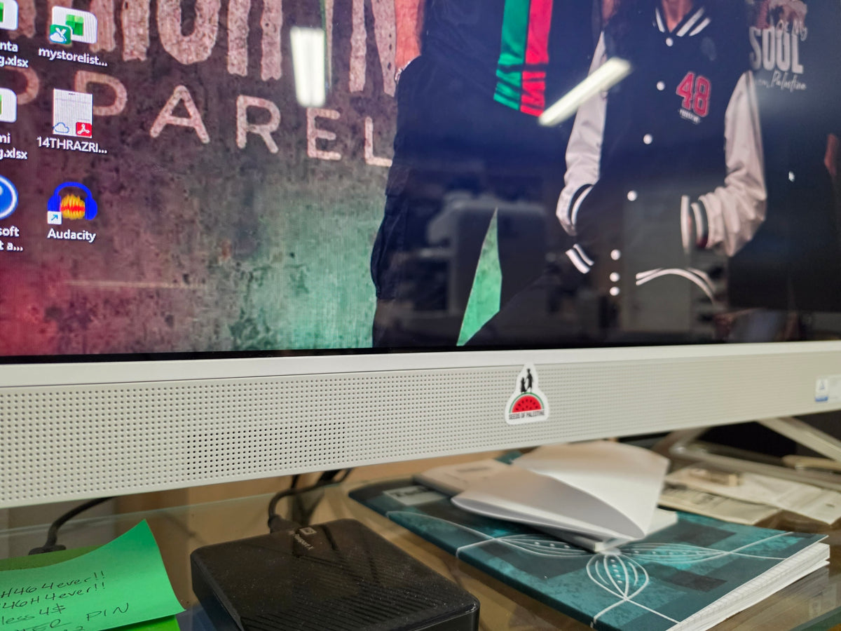 Seeds of Palestine vinyl decal displayed on computer monitor